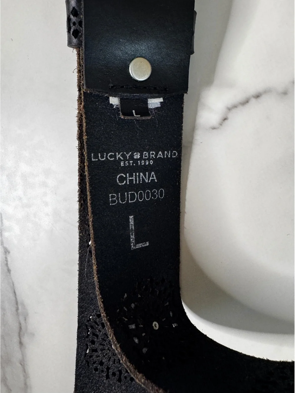 Lucky Brand Leather Belt Large Black Laser Cut Floral Pattern 44